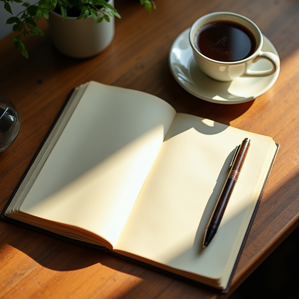 Escritorio con un diario abierto, bolígrafo y notas personales escritas a mano junto a una taza de café