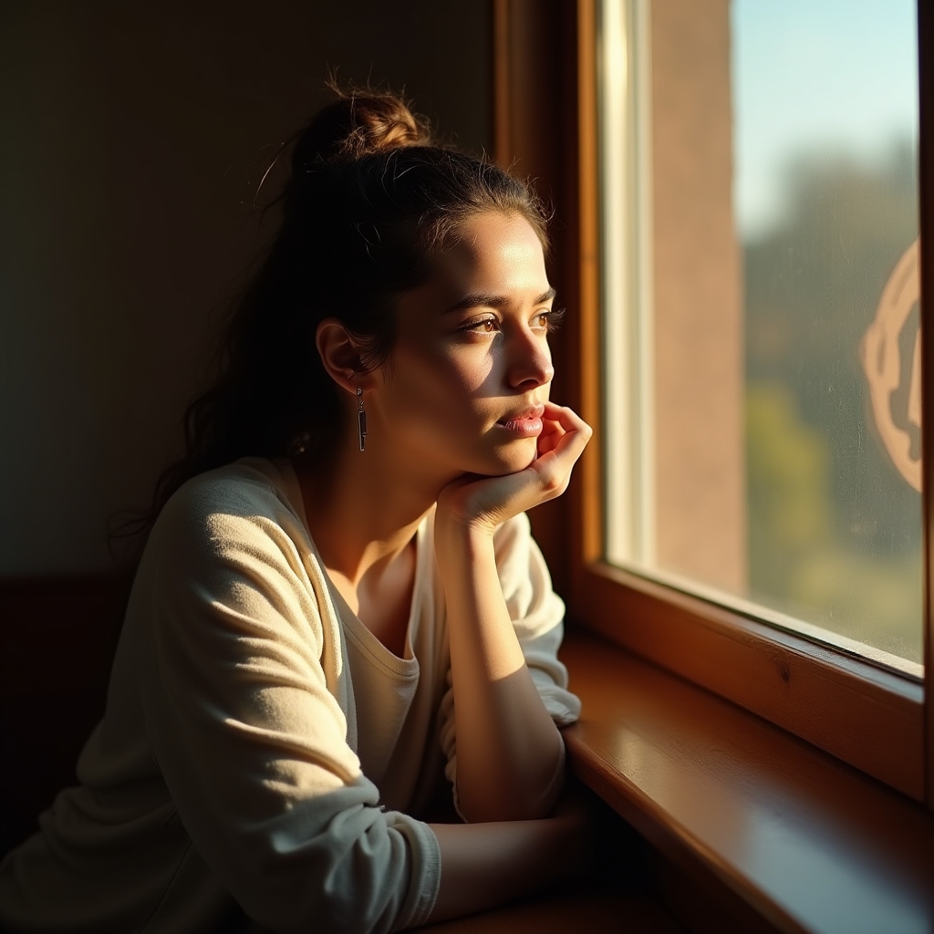 Persona joven mirando por la ventana al atardecer con expresión pensativa