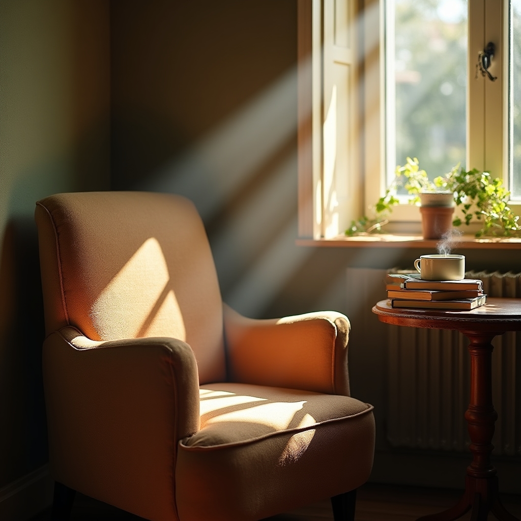 Rincón de lectura con libros abiertos, una taza de café y luz natural entrando por la ventana
